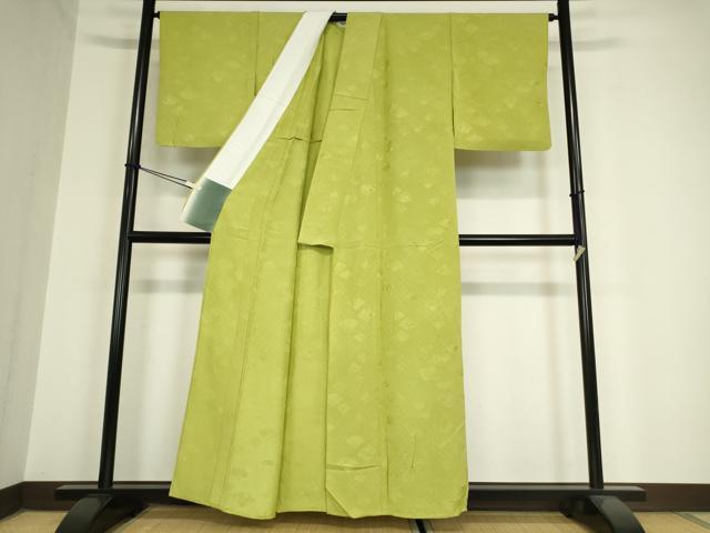 平和屋着物▽上質な色無地 単衣 扇面花地紋 苗色 正絹 逸品 DAAX3123az