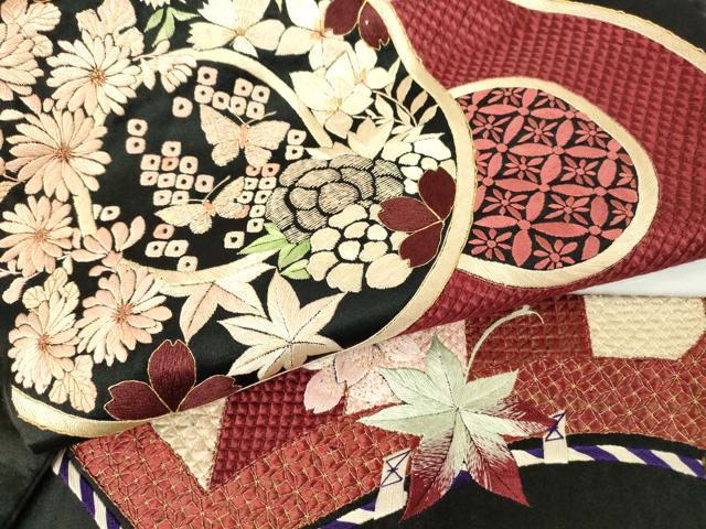 平和屋着物●アンティーク 大正ロマン 九寸名古屋帯 駒刺繍 総刺繍 鏡裏花文 黒地 金糸 正絹 逸品 DAAX3376az