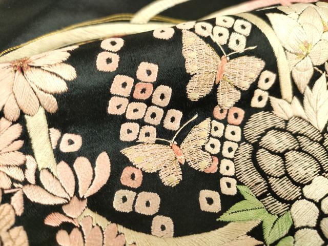 平和屋着物●アンティーク 大正ロマン 九寸名古屋帯 駒刺繍 総刺繍 鏡裏花文 黒地 金糸 正絹 逸品 DAAX3376az