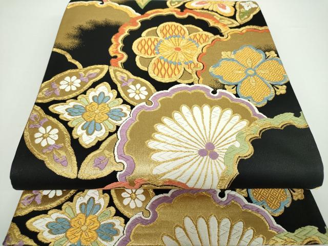 平和屋着物●六通柄袋帯 唐織 雪輪吉祥花文 黒地 金糸 正絹 逸品 DAAX4012ps