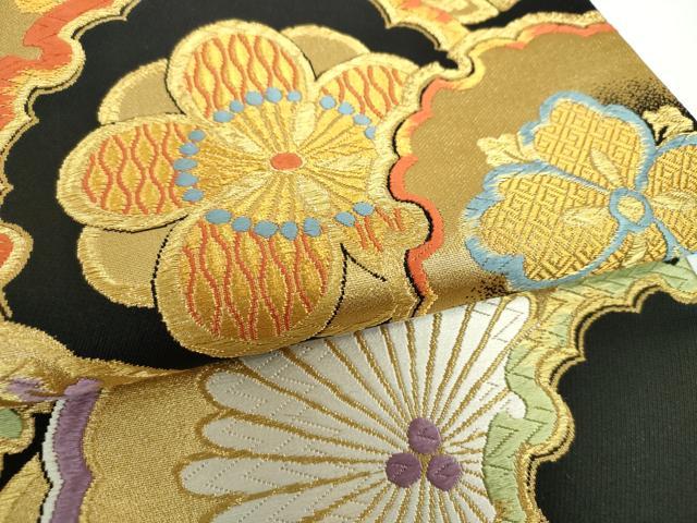 平和屋着物●六通柄袋帯 唐織 雪輪吉祥花文 黒地 金糸 正絹 逸品 DAAX4012ps