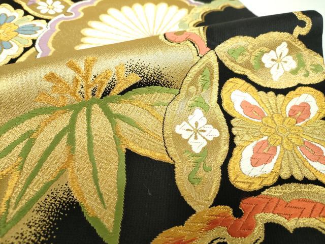 平和屋着物●六通柄袋帯 唐織 雪輪吉祥花文 黒地 金糸 正絹 逸品 DAAX4012ps