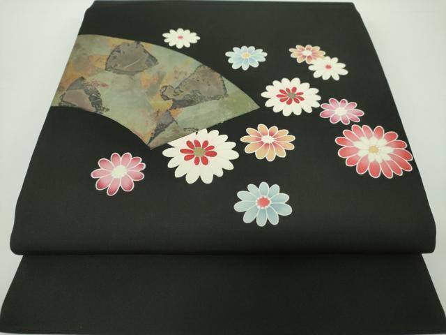 平和屋着物●塩瀬 九寸開き名古屋帯 地紙花文 黒地 金彩 正絹 逸品 DAAX4061ps
