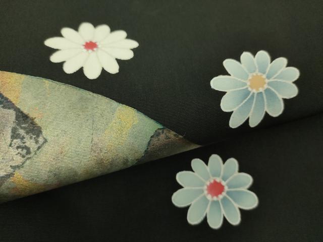 平和屋着物●塩瀬 九寸開き名古屋帯 地紙花文 黒地 金彩 正絹 逸品 DAAX4061ps
