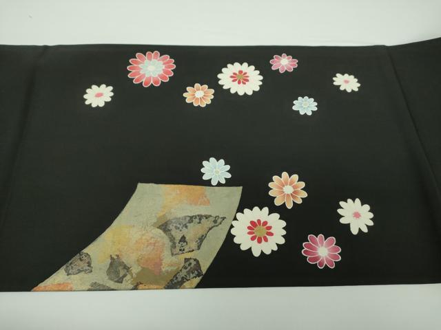 平和屋着物●塩瀬 九寸開き名古屋帯 地紙花文 黒地 金彩 正絹 逸品 DAAX4061ps