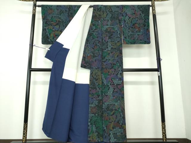 平和屋着物●上質な小紋 型染 鳳凰花文 黒地 鬼しぼ縮緬 正絹 逸品 未使用 DAAX4100ps