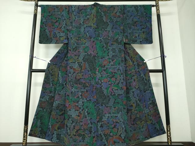 平和屋着物●上質な小紋 型染 鳳凰花文 黒地 鬼しぼ縮緬 正絹 逸品 未使用 DAAX4100ps