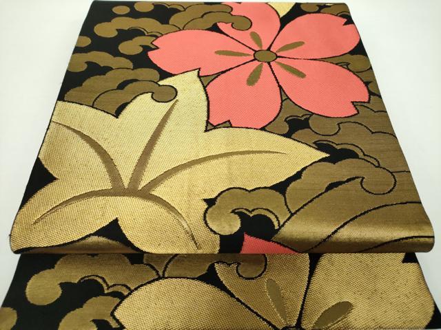 平和屋着物●織物一筋名門 織悦 全通柄 本袋帯 立波桜楓文 黒地 金糸 正絹 逸品 DAAX4181ps
