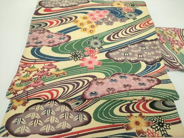 平和屋着物●本場琉球紅型 九寸名古屋帯 流水花文 正絹 逸品 DABE5624ps