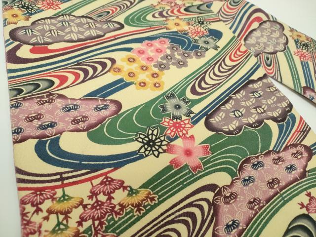 平和屋着物●本場琉球紅型 九寸名古屋帯 流水花文 正絹 逸品 DABE5624ps
