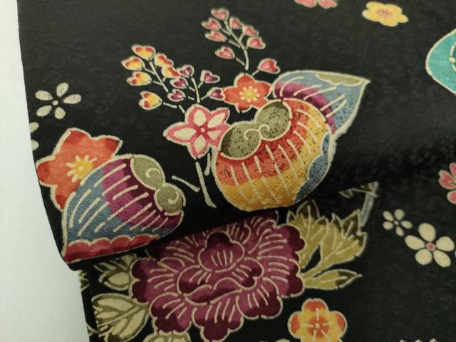 平和屋着物●九寸開き名古屋帯 作家物 本古代 民藝流水紋紅型 黒地 証紙付き 正絹 逸品 DAAX4234ps