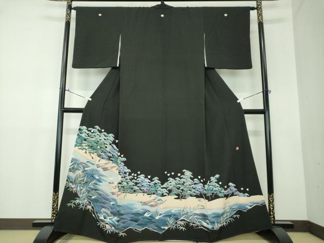 平和屋着物●豪華黒留袖 友禅 作家物 浜松文 千鳥 暈し染め 正絹 逸品 DAAX4269ps