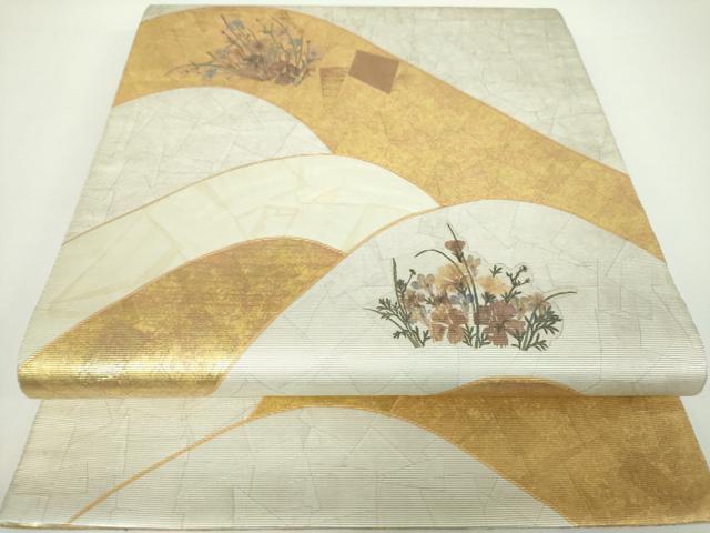 平和屋着物●太鼓柄袋帯 押し花 草花文 金銀彩 正絹 逸品 DAAX4352ps