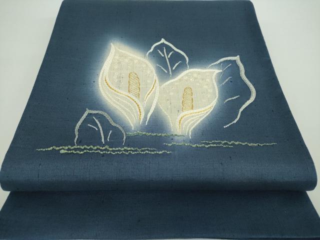 平和屋着物●太鼓柄袋帯 紬地 総刺繍 水芭蕉 金糸 正絹 逸品 DAAX4758ps