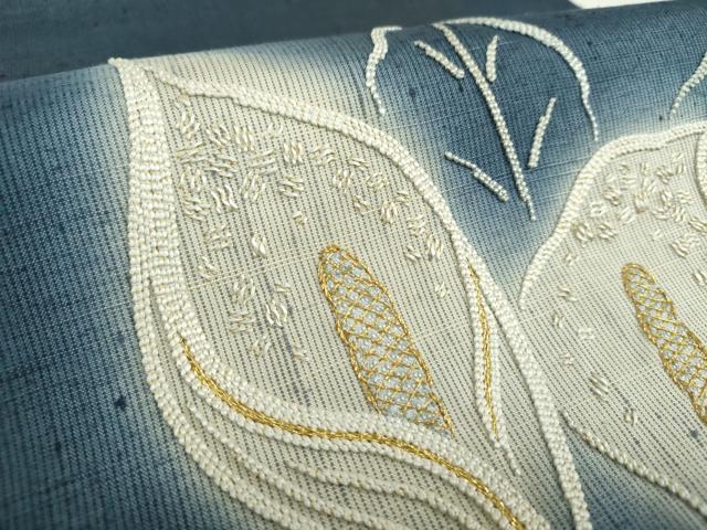 平和屋着物●太鼓柄袋帯 紬地 総刺繍 水芭蕉 金糸 正絹 逸品 DAAX4758ps