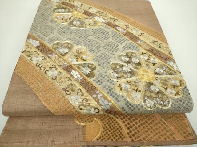 平和屋着物●六通柄袋帯 紬地 駒刺繍 総刺繍 吉祥花文 金糸 正絹 逸品 DAAX4765ps