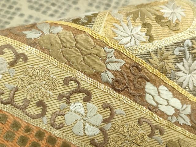 平和屋着物●六通柄袋帯 紬地 駒刺繍 総刺繍 吉祥花文 金糸 正絹 逸品 DAAX4765ps