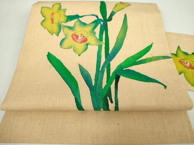 平和屋着物●九寸名古屋帯 紬地 手描き いわす 水仙 正絹 逸品 DAAX4928ps
