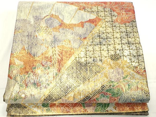 平和屋着物◎六通柄袋帯 扇花鳥文 金銀糸 正絹 逸品 DAAX5277cd