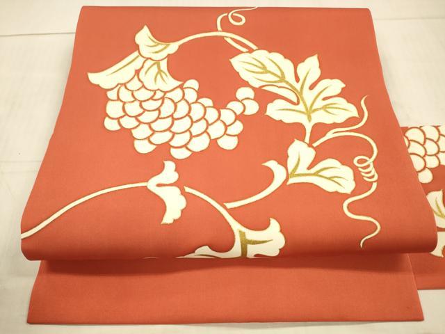 平和屋着物●塩瀬 九寸名古屋帯 駒刺繍 葡萄蔦の葉文 金糸 正絹 逸品 DAAX5617cm