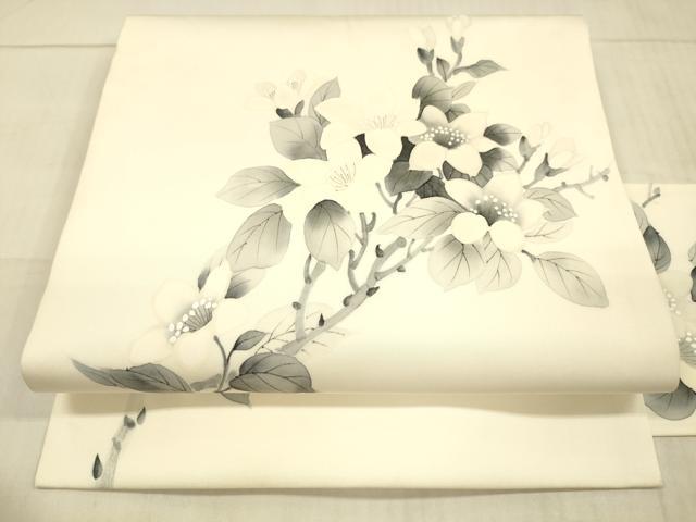 平和屋着物●塩瀬 九寸名古屋帯 作家物 手描き 枝花文 正絹 逸品 DAAX5633cm