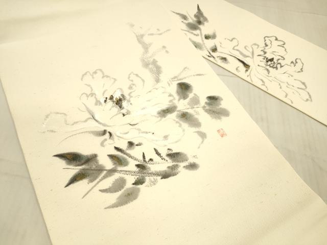 平和屋着物●九寸名古屋帯 作家物 手描き 紬地 草花文 金彩 正絹 逸品 DAAX5644cm