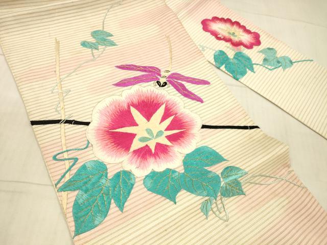 平和屋着物*夏物 アンティーク 大正ロマン 九寸名古屋帯 総刺繍 朝顔 蜻蛉 金糸 正絹 逸品 DAAX5671cm