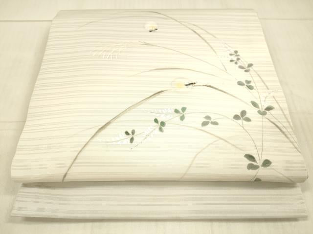 平和屋着物*夏物 変わり絽塩瀬 九寸開き名古屋帯 手描き 草葉文 蛍 銀彩 正絹 逸品 DAAX5675cm