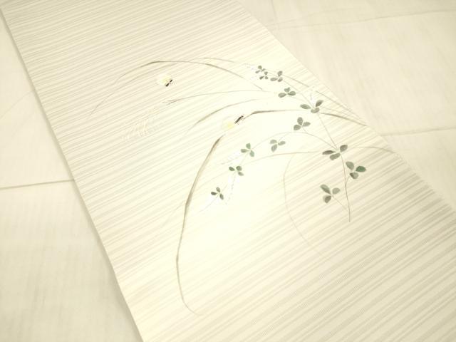 平和屋着物*夏物 変わり絽塩瀬 九寸開き名古屋帯 手描き 草葉文 蛍 銀彩 正絹 逸品 DAAX5675cm