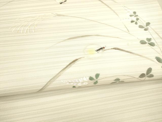 平和屋着物*夏物 変わり絽塩瀬 九寸開き名古屋帯 手描き 草葉文 蛍 銀彩 正絹 逸品 DAAX5675cm