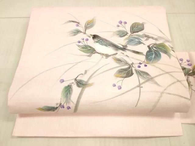 平和屋着物*夏物 九寸名古屋帯 手描き 南天文 鳥 金彩 正絹 逸品 DAAX5687cm