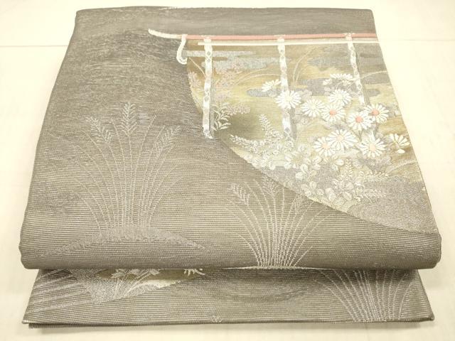 平和屋着物*夏物 六通柄袋帯 唐織 扇面草花文 金銀糸 正絹 逸品 DAAX5690cm