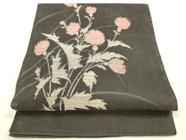 平和屋着物*夏物 八寸名古屋帯 草花文 黒地 正絹 逸品 DAAX5695cm