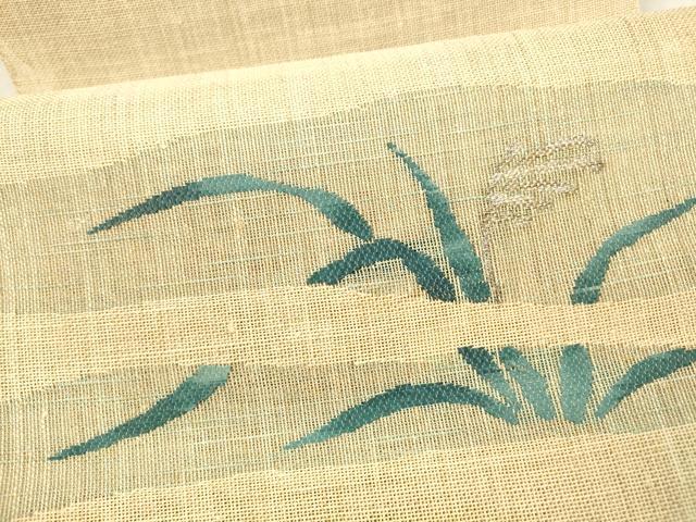 平和屋着物*夏物 八寸名古屋帯 草葉文 銀糸 麻 逸品 DAAX5713cm