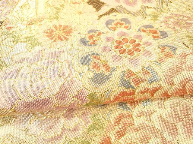 平和屋着物▼佐賀錦 六通柄袋帯 草花文 金糸 正絹 逸品 DAAX5755cm