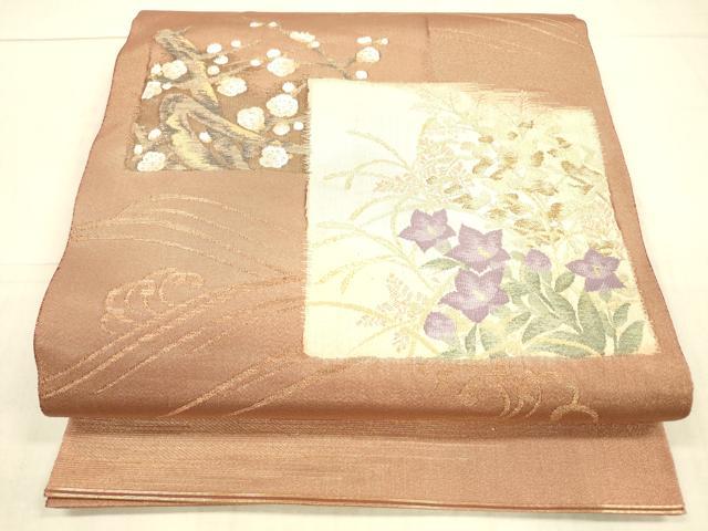 平和屋着物●太鼓柄袋帯 流水草花文 金糸 正絹 逸品 DAAX5756cm