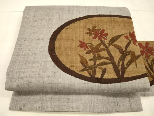 平和屋着物●九寸名古屋帯 紬地 草花文 正絹 逸品 DAAX5764cm