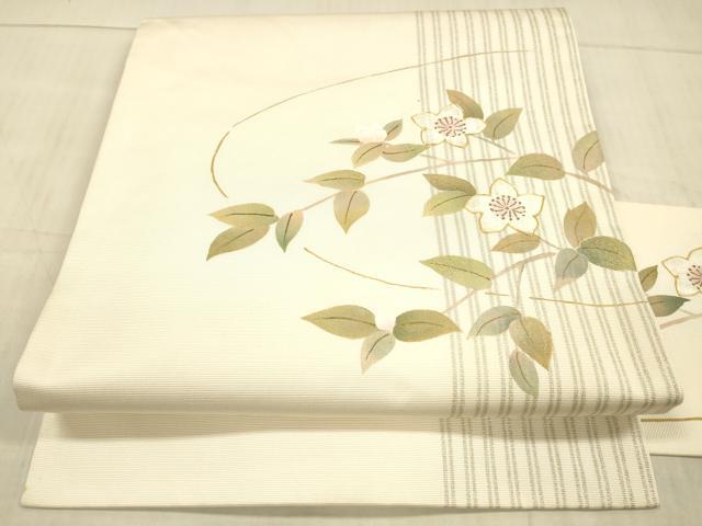 平和屋着物●九寸名古屋帯 手描き 駒刺繍 枝花文 金銀糸 正絹 逸品 DAAX5785cm