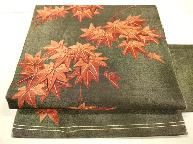 平和屋着物●アンティーク 大正ロマン 九寸名古屋帯 総手刺繍 枝葉文 楓 金糸 正絹 逸品 DAAX5812cm