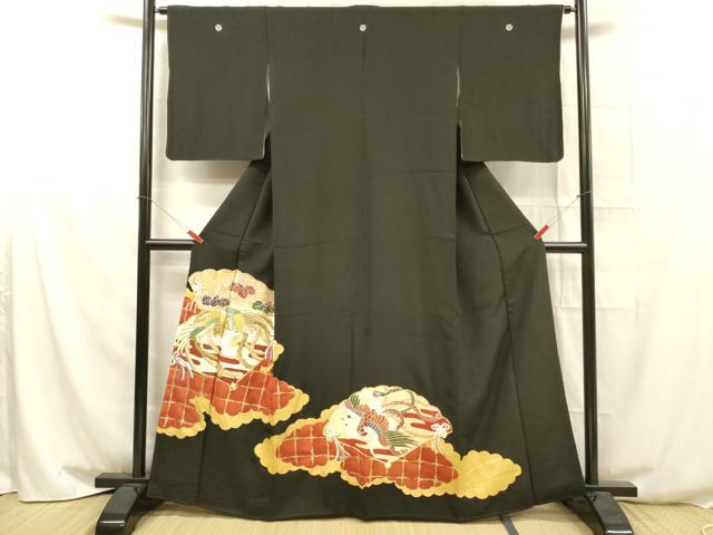 平和屋着物■豪華黒留袖 駒刺繍 鳳凰花唐草文 金彩 正絹 逸品 DAAX5859cm