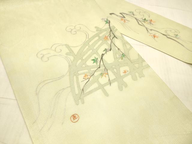 平和屋着物*夏物 九寸名古屋帯 作家物 刺繍 流水籬草葉文 銀糸 正絹 逸品 DAAX5959cm
