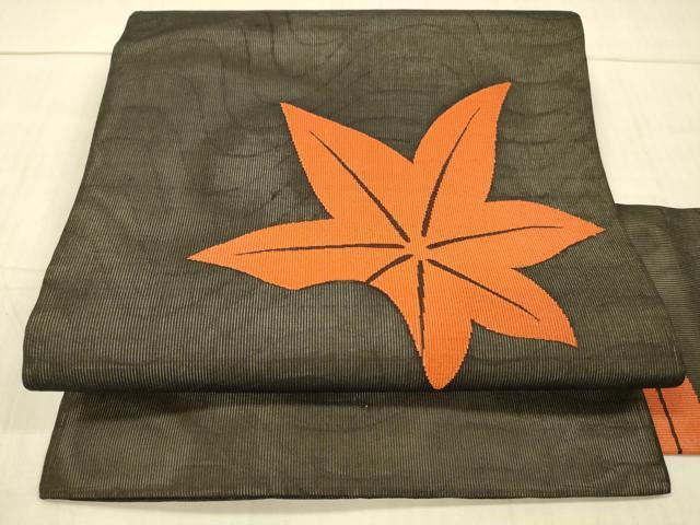 平和屋着物*夏物 九寸名古屋帯 舞葉文 黒地 正絹 逸品 DAAX5965cm