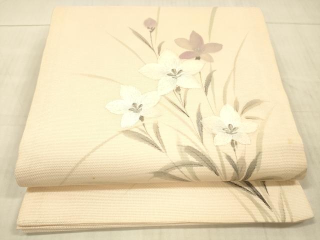 平和屋着物*夏物 九寸開き名古屋帯 作家物 手描き 刺繍 草花文 銀彩 正絹 逸品 DAAX5973cm