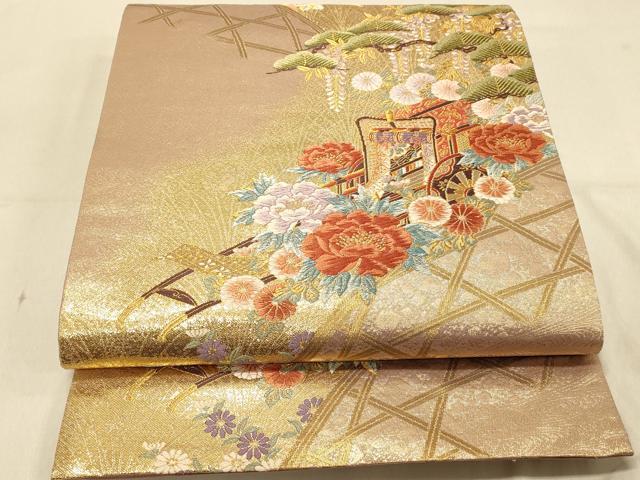 平和屋着物◎六通柄袋帯 唐織 御所車花文 金糸 正絹 逸品 DAAX6053jm