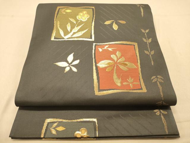 平和屋着物◎六通柄袋帯 色紙草花文 金糸 正絹 逸品 DAAX6155jm