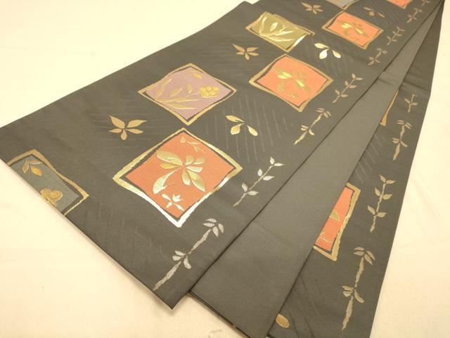 平和屋着物◎六通柄袋帯 色紙草花文 金糸 正絹 逸品 DAAX6155jm