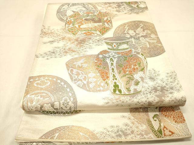 平和屋着物◎六通柄袋帯 陶器花文 銀糸 正絹 逸品 DAAX6459jm