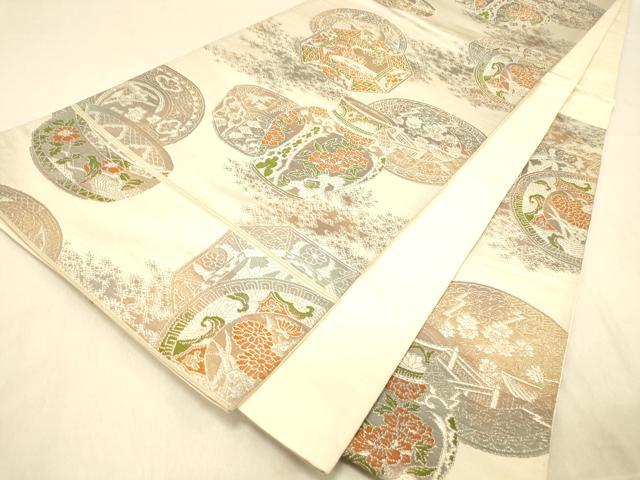 平和屋着物◎六通柄袋帯 陶器花文 銀糸 正絹 逸品 DAAX6459jm