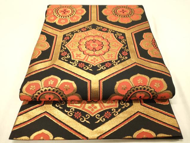 平和屋着物◎六通柄 本袋帯 亀甲花文 黒地 正絹 逸品 DAAX6501jm