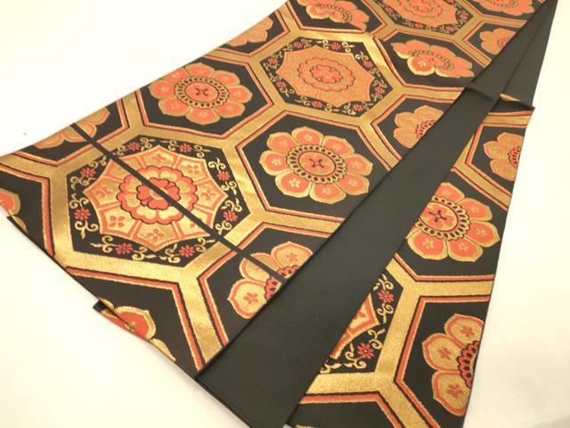 平和屋着物◎六通柄 本袋帯 亀甲花文 黒地 正絹 逸品 DAAX6501jm